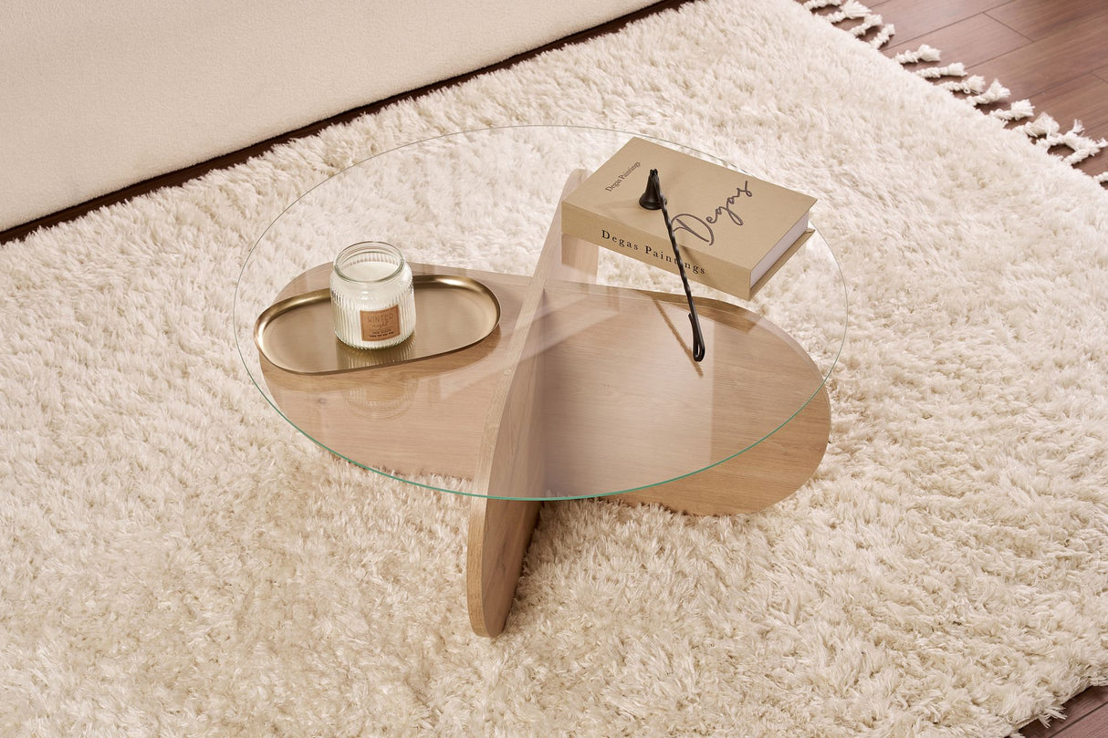 Couchtisch Aris Rund 75 cm Glas - Melamin Eichenholz 