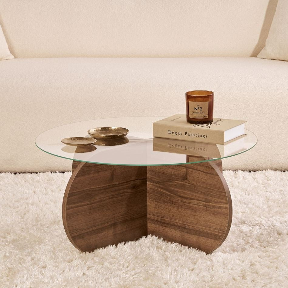 Runde Glas-Couchtisch Aris - Walnuss-Melamin-Untergestell 
