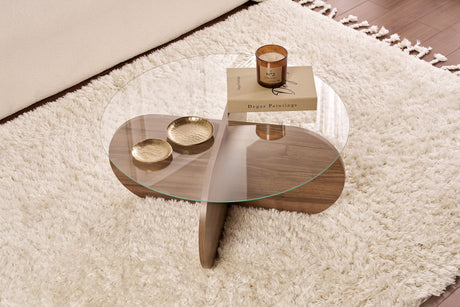 Runde Glas-Couchtisch Aris - Walnuss-Melamin-Untergestell 