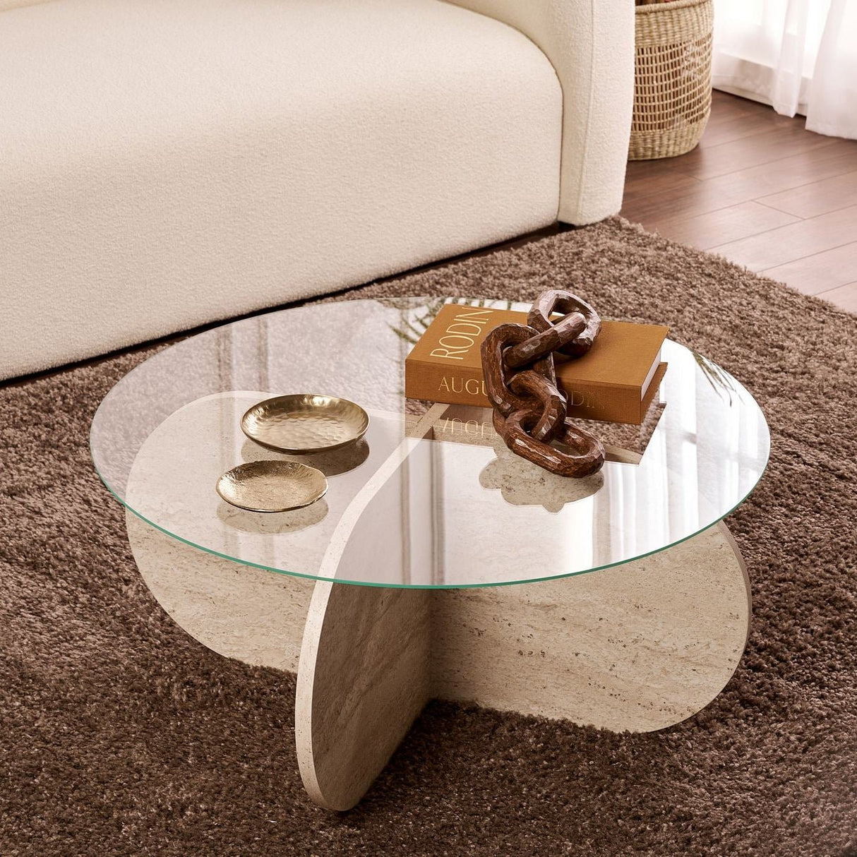 Couchtisch Aris Rund 75 cm Glas - Travertin Untergestell 