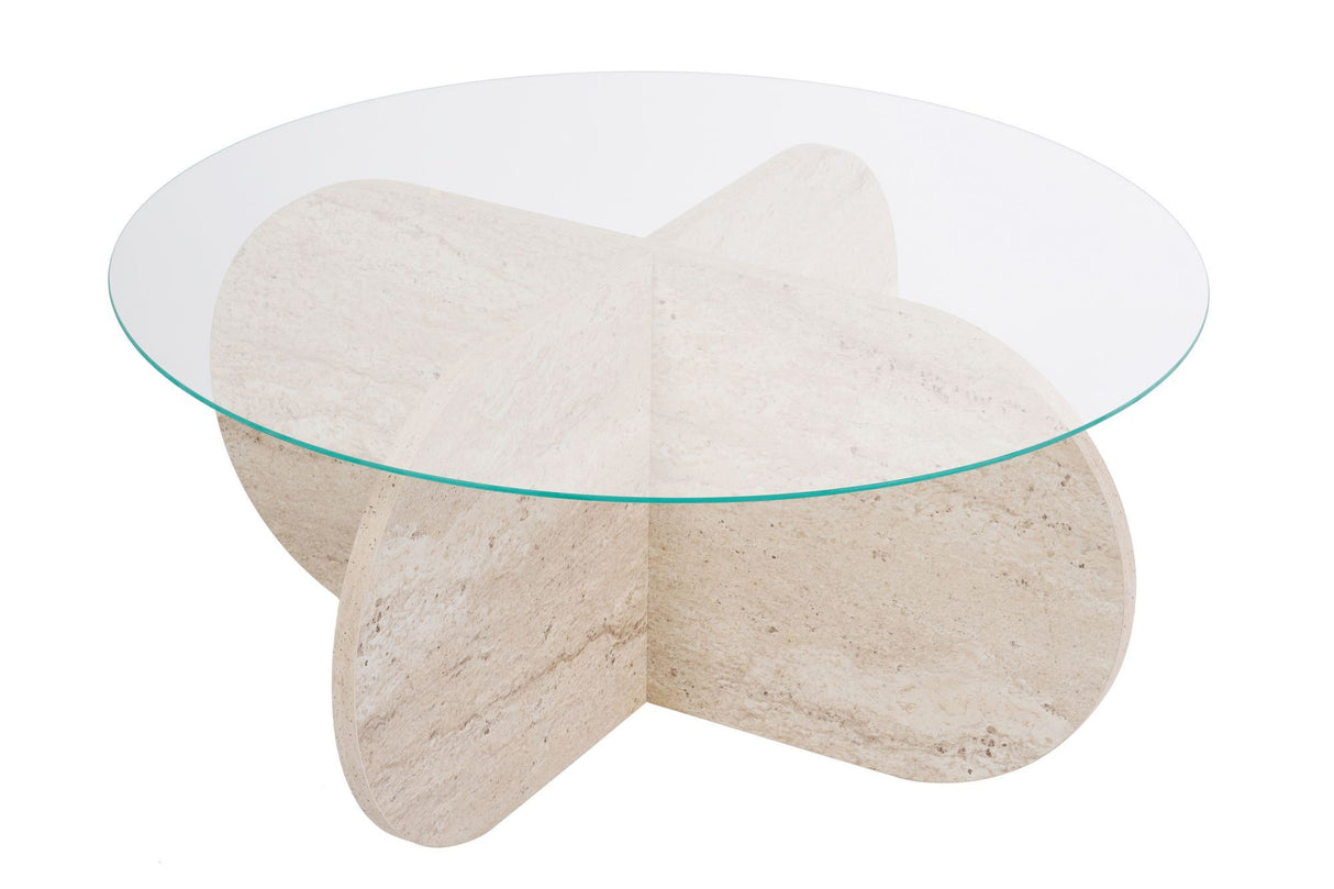 Couchtisch Aris Rund 75 cm Glas - Travertin Untergestell 