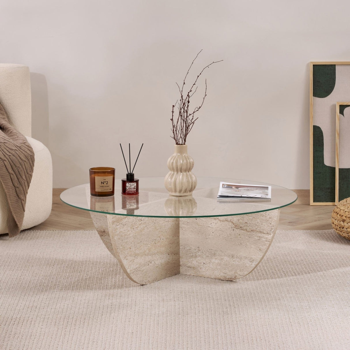 Liya Couchtisch Travertinoptik oval 90 cm Gehärtetes Glas