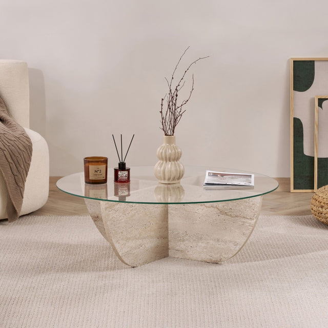 Liya Couchtisch Travertinoptik oval 90 cm Gehärtetes Glas