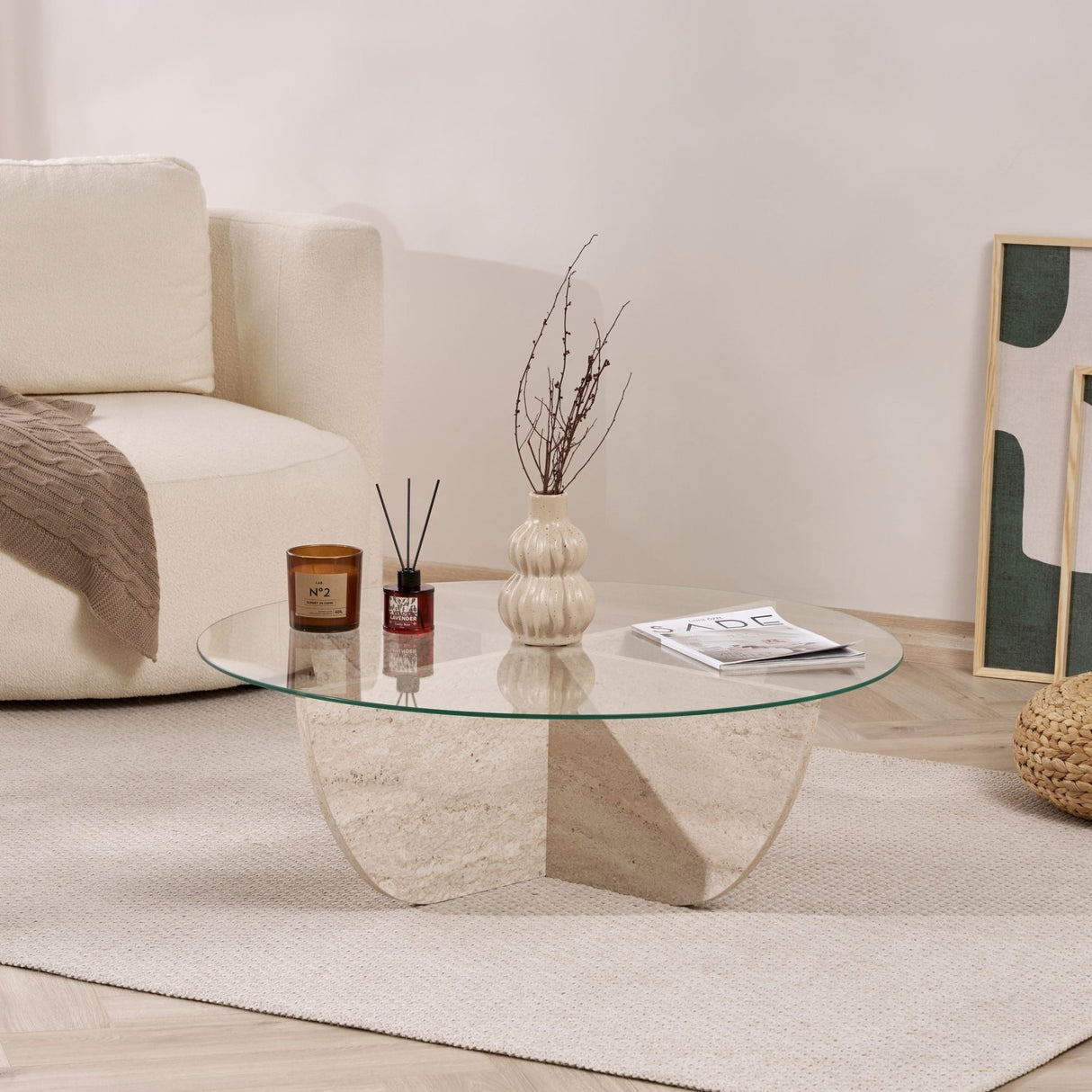 Liya Couchtisch Travertinoptik oval 90 cm Gehärtetes Glas