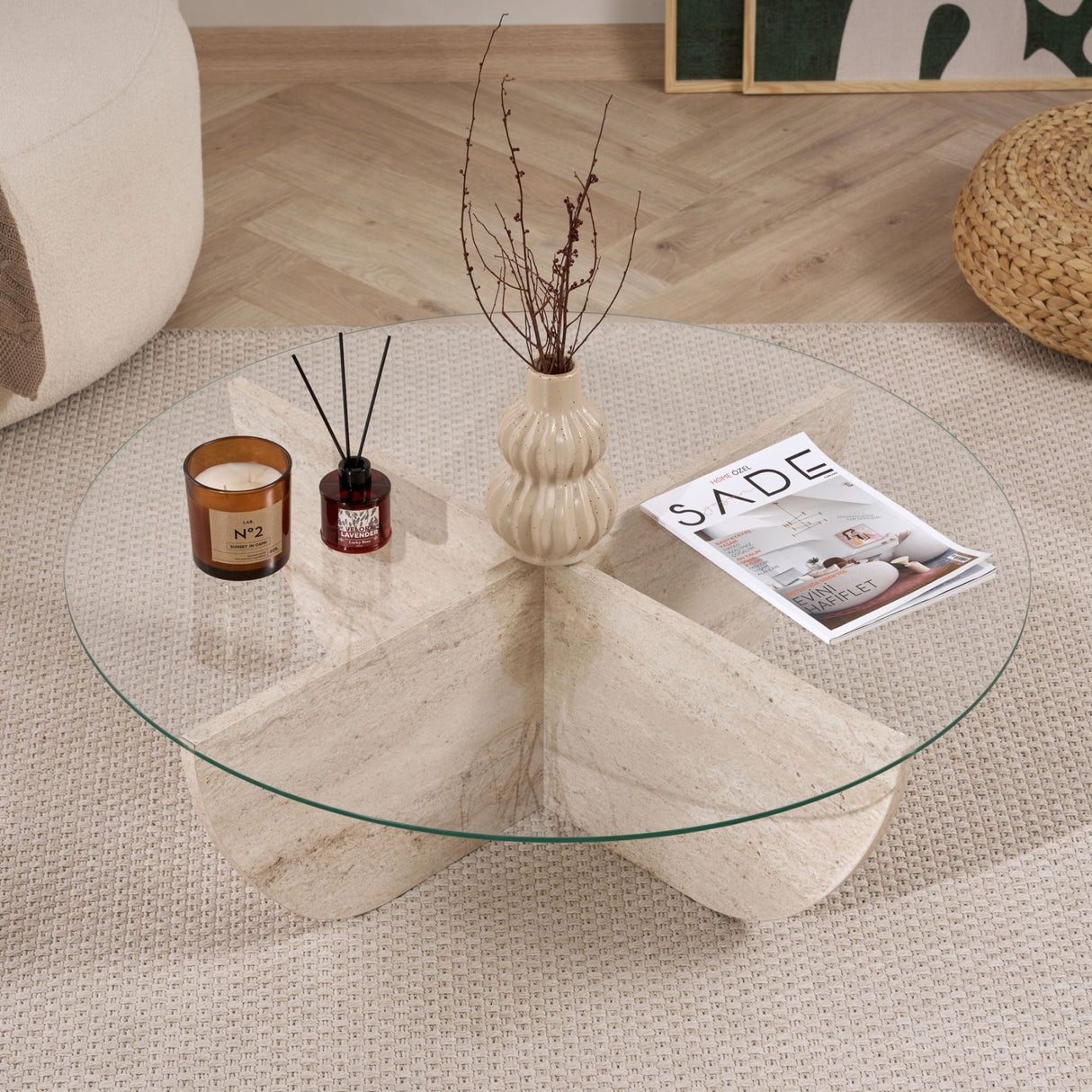 Liya Couchtisch Travertinoptik oval 90 cm Gehärtetes Glas