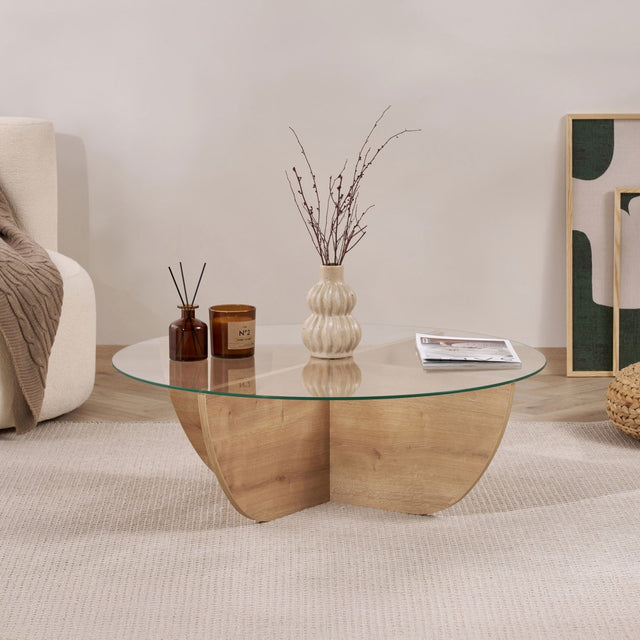 Liya Couchtisch Sapphire Oak oval 90 cm Gehärtetes Glas