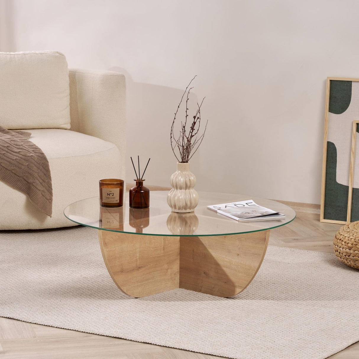 Liya Couchtisch Sapphire Oak oval 90 cm Gehärtetes Glas