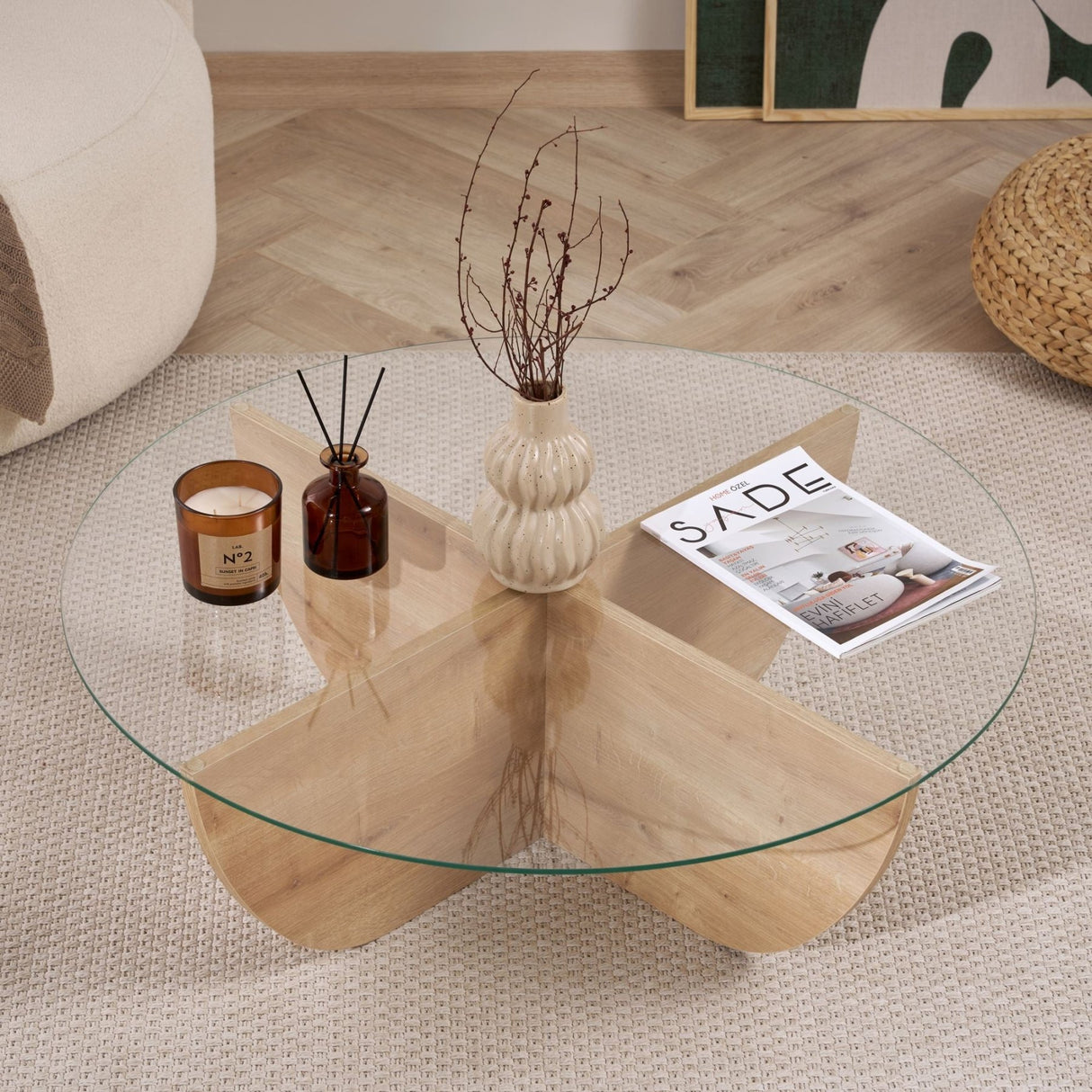 Liya Couchtisch Sapphire Oak oval 90 cm Gehärtetes Glas