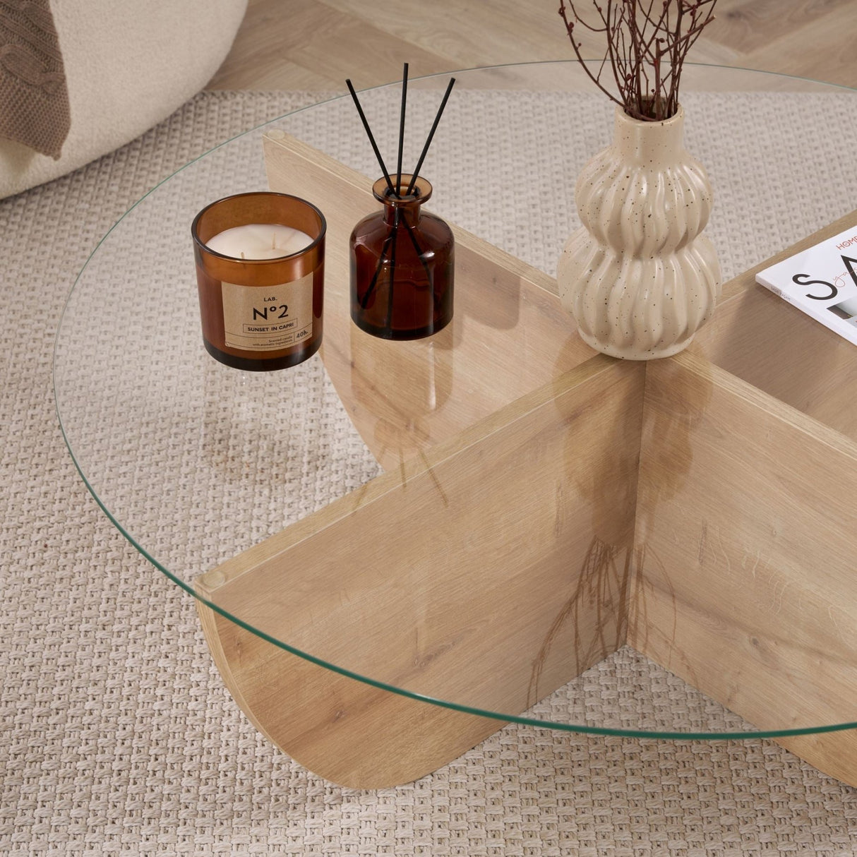 Liya Couchtisch Sapphire Oak oval 90 cm Gehärtetes Glas