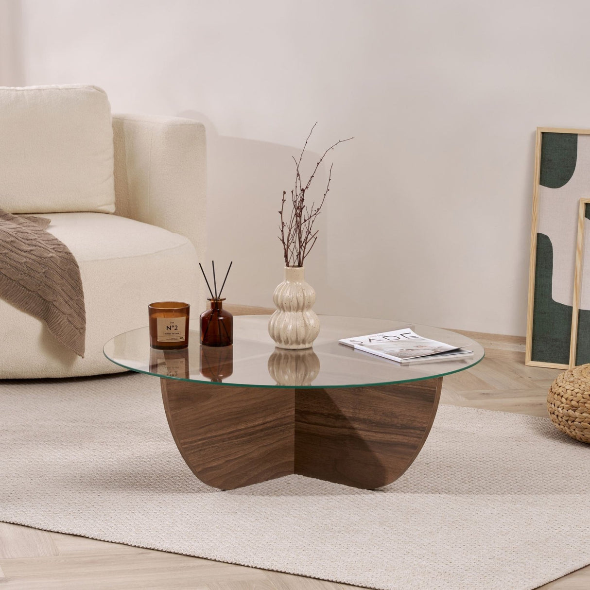 Liya Couchtisch Walnuss oval 90 cm Gehärtetes Glas