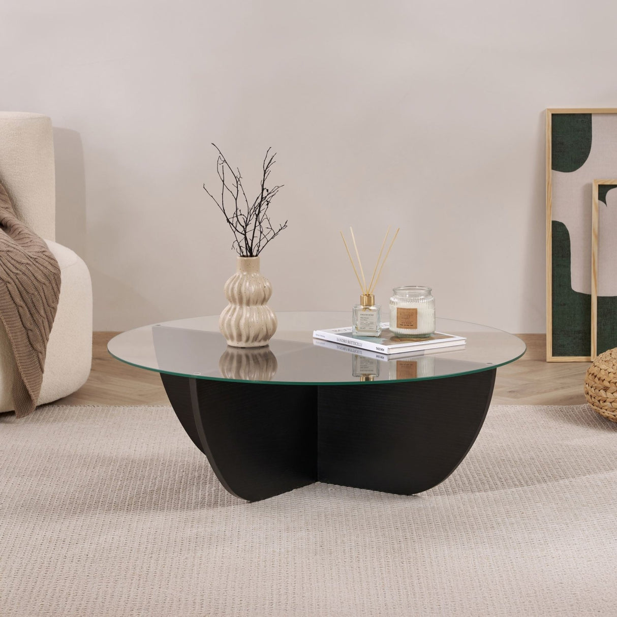 Liya Couchtisch oval schwarz Holzoptik 90 cm gehärtetes Glas