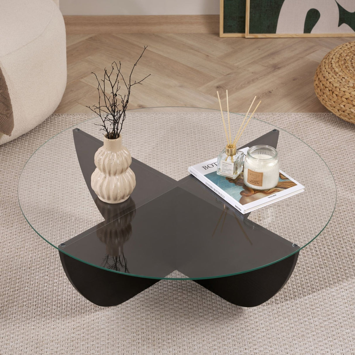 Liya Couchtisch oval schwarz Holzoptik 90 cm gehärtetes Glas