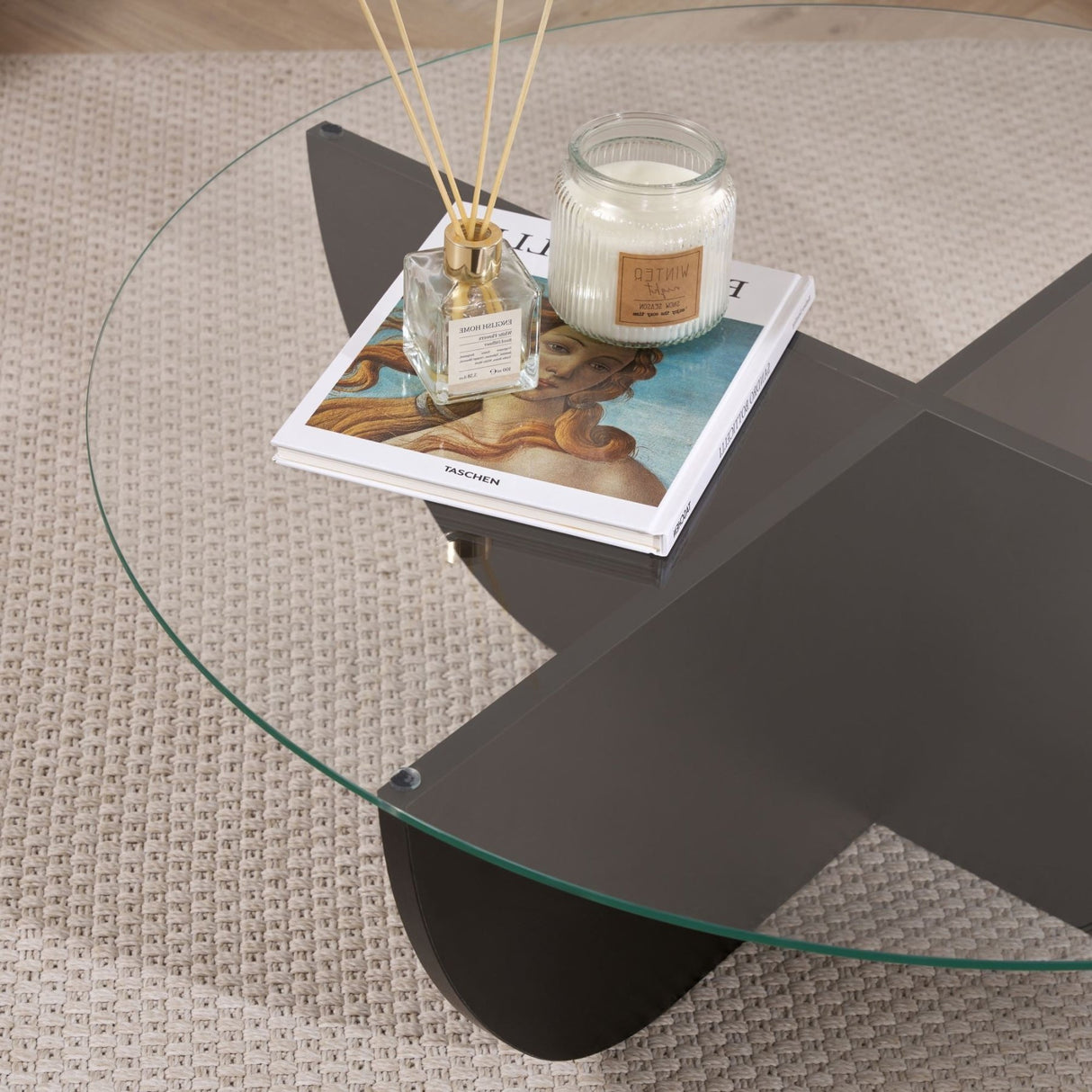 Liya Couchtisch oval schwarz Holzoptik 90 cm gehärtetes Glas