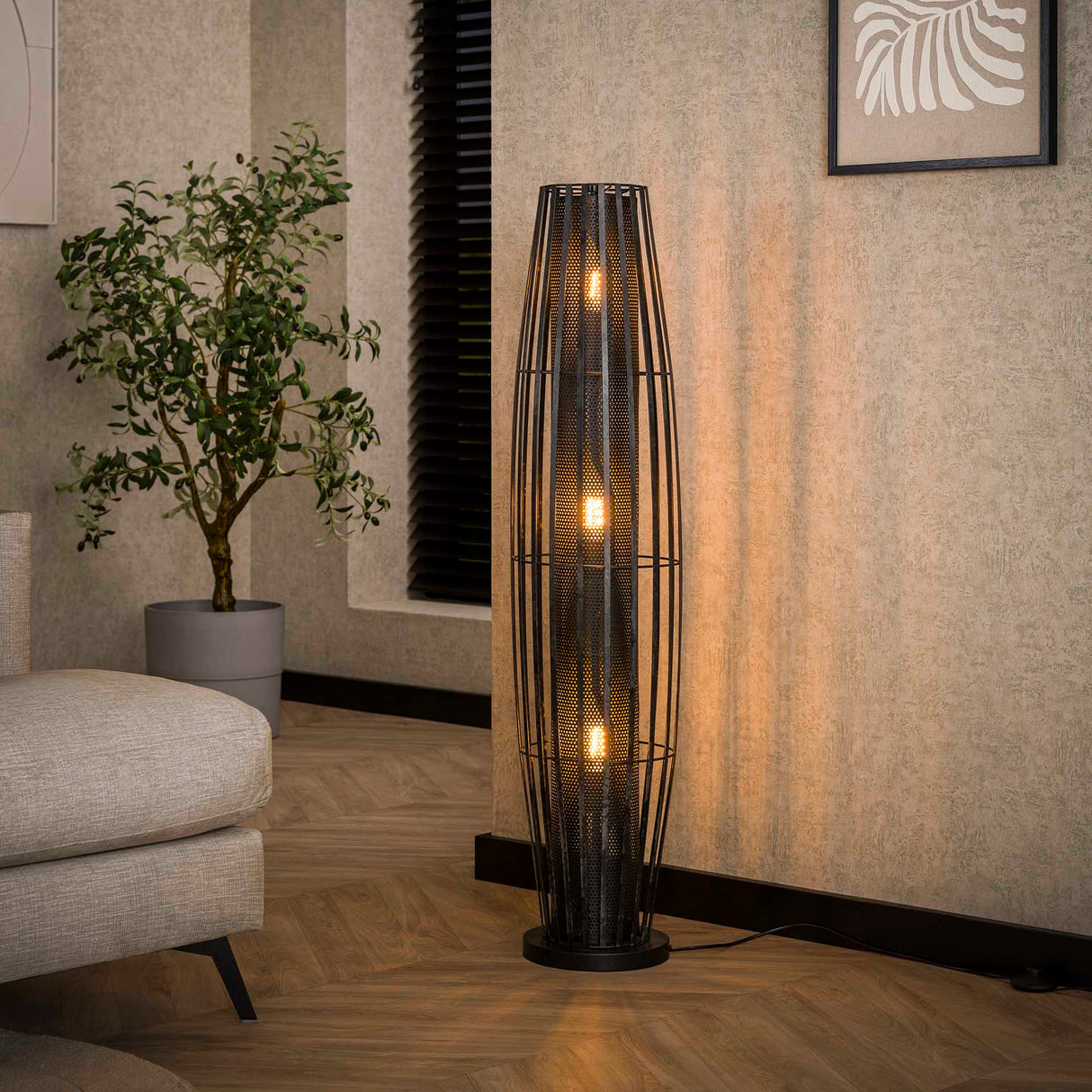 Stehlampe Liora 3-flammig Zylindergeflecht schwarz 120 cm 