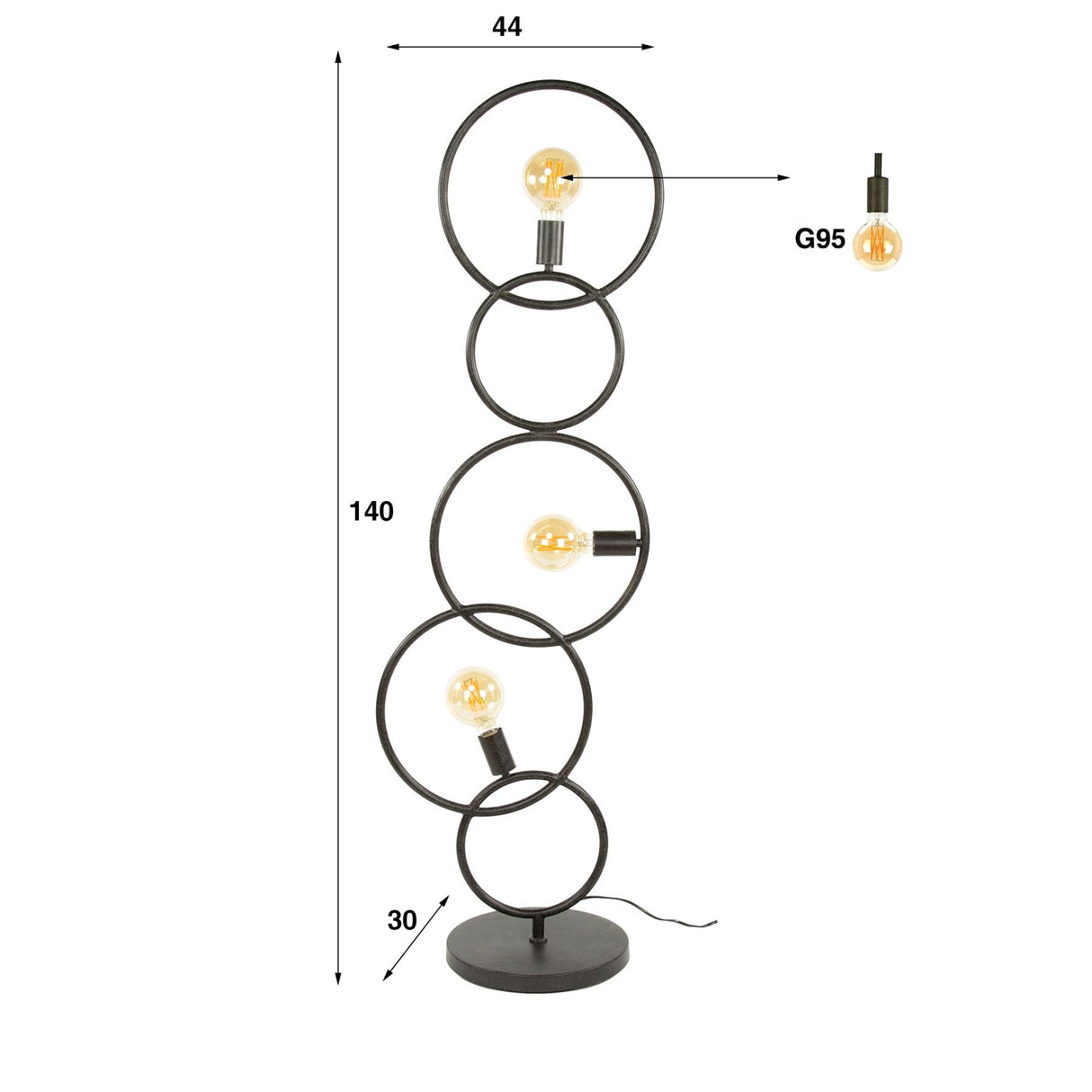 Zwarte vloerlamp 3-lichts industrieel 140 cm