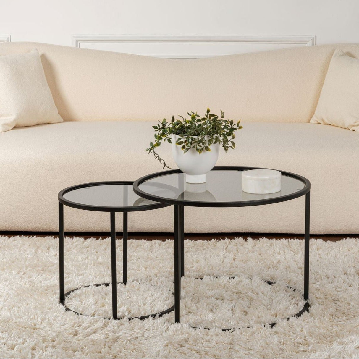 Couchtischset von 2 Rund Glas - Schwarzes Gestell - 60, 42 cm 