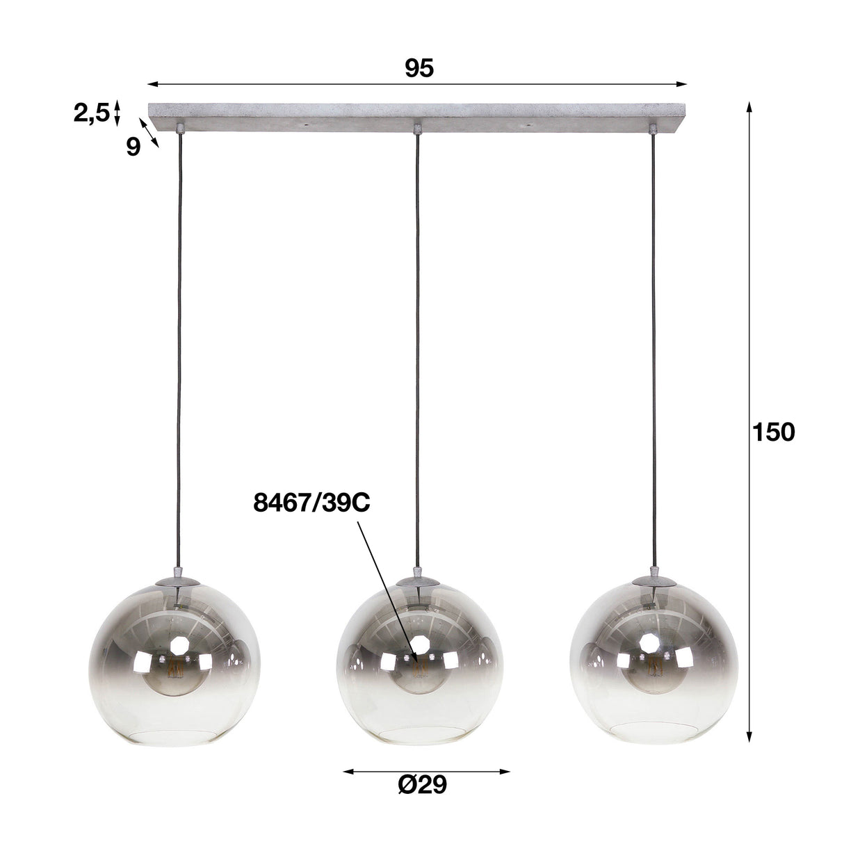 Glashängelampe Juliette 3-Licht-Rauchglas