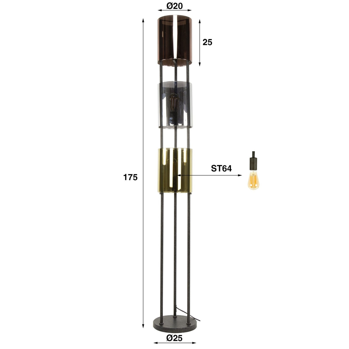 Vloerlamp Nox 3-lichts Zwart Metaal 175 cm