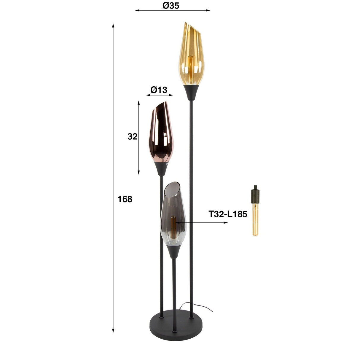 Vloerlamp Nova 3-lichts zwart met glasbollen