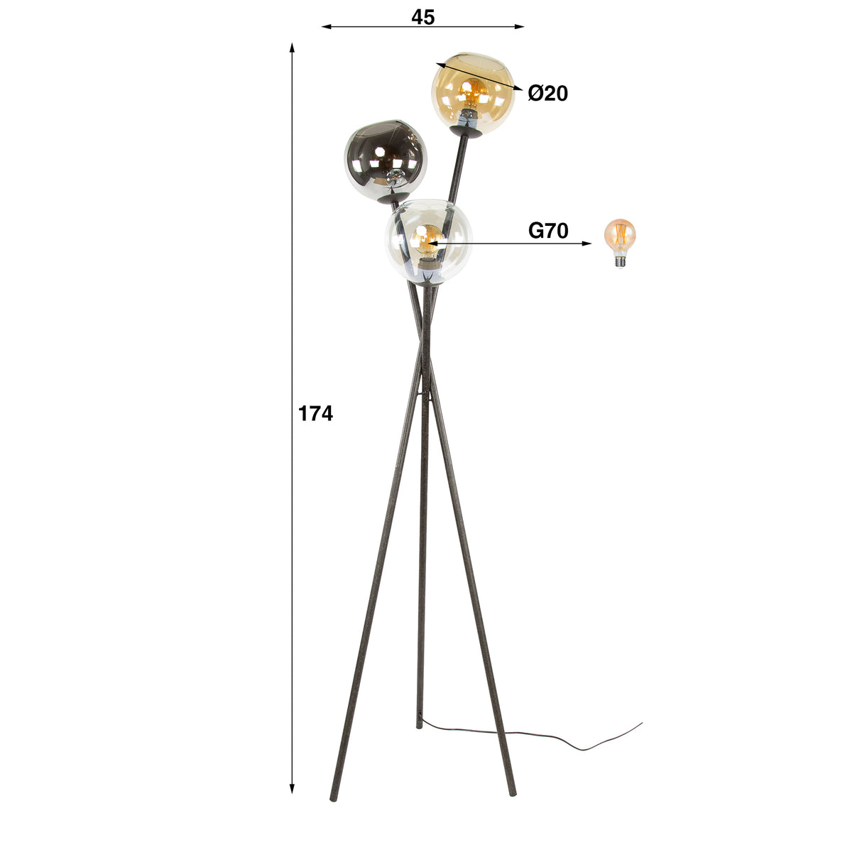 Vloerlamp Nova 3-lichts Zwart met Globes