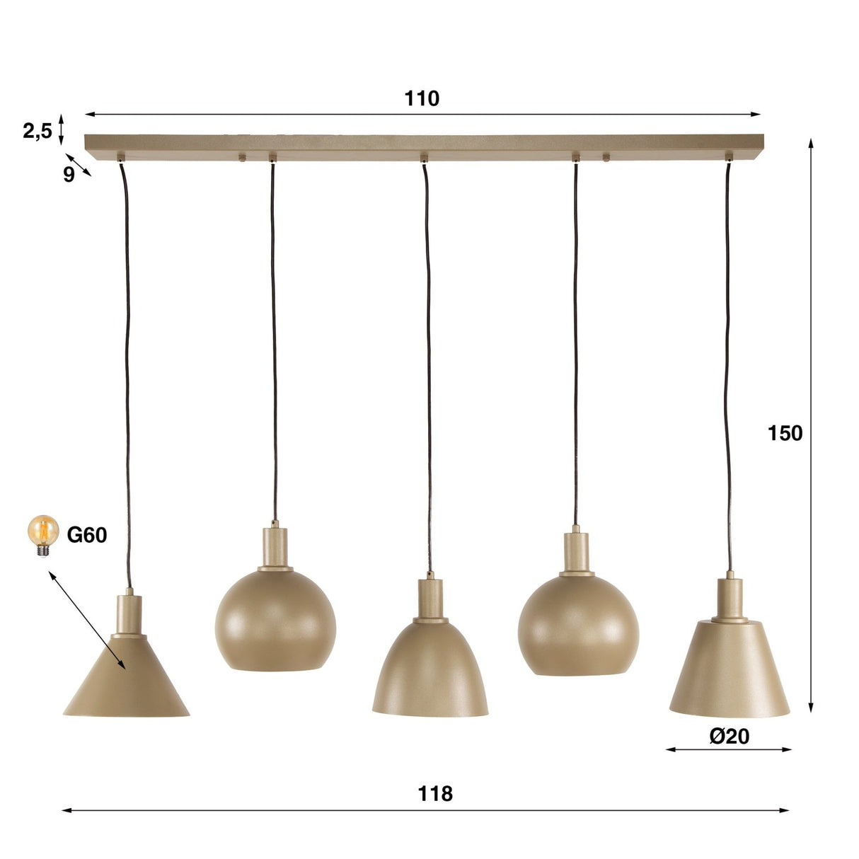 Hängelampe Nova 5-flammig - Beige - 120 cm 