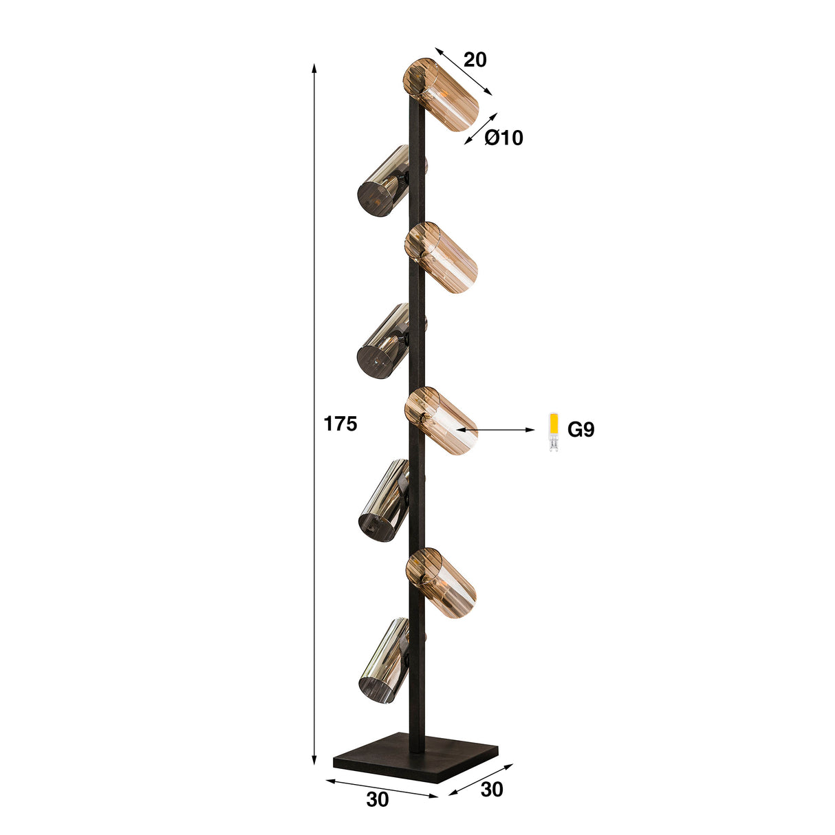 Stehlampe Khai 8-flammig Zylinder gemischtes Glas 