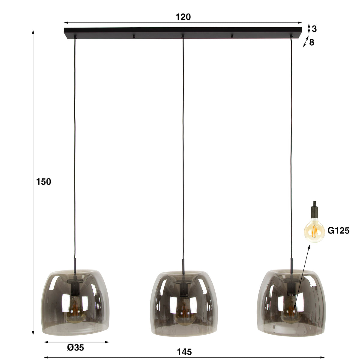 Hängeleuchte Dain 3-Licht Chrom Glas