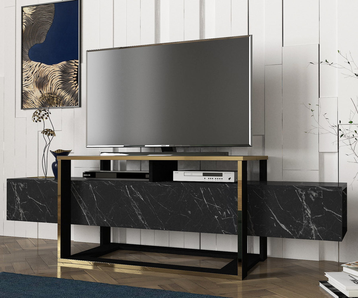 TV -Möbel Bianco Black Gold Melamin 160x49.8x46.1 cm