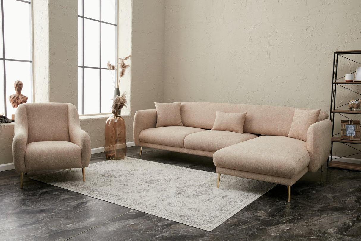 Ecksofa mit Schlaffunktion Rechts Simena Beige - Goldenes Bein