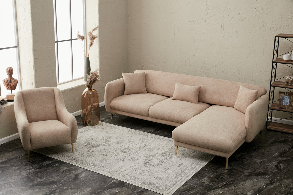 Ecksofa mit Schlaffunktion Rechts Simena Beige - Goldenes Bein