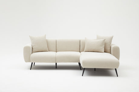 Ecksofa cremefarbener Stoff – hohe, schlanke Beine – solide Innenausstattung – 252 x 155 cm – seitlich