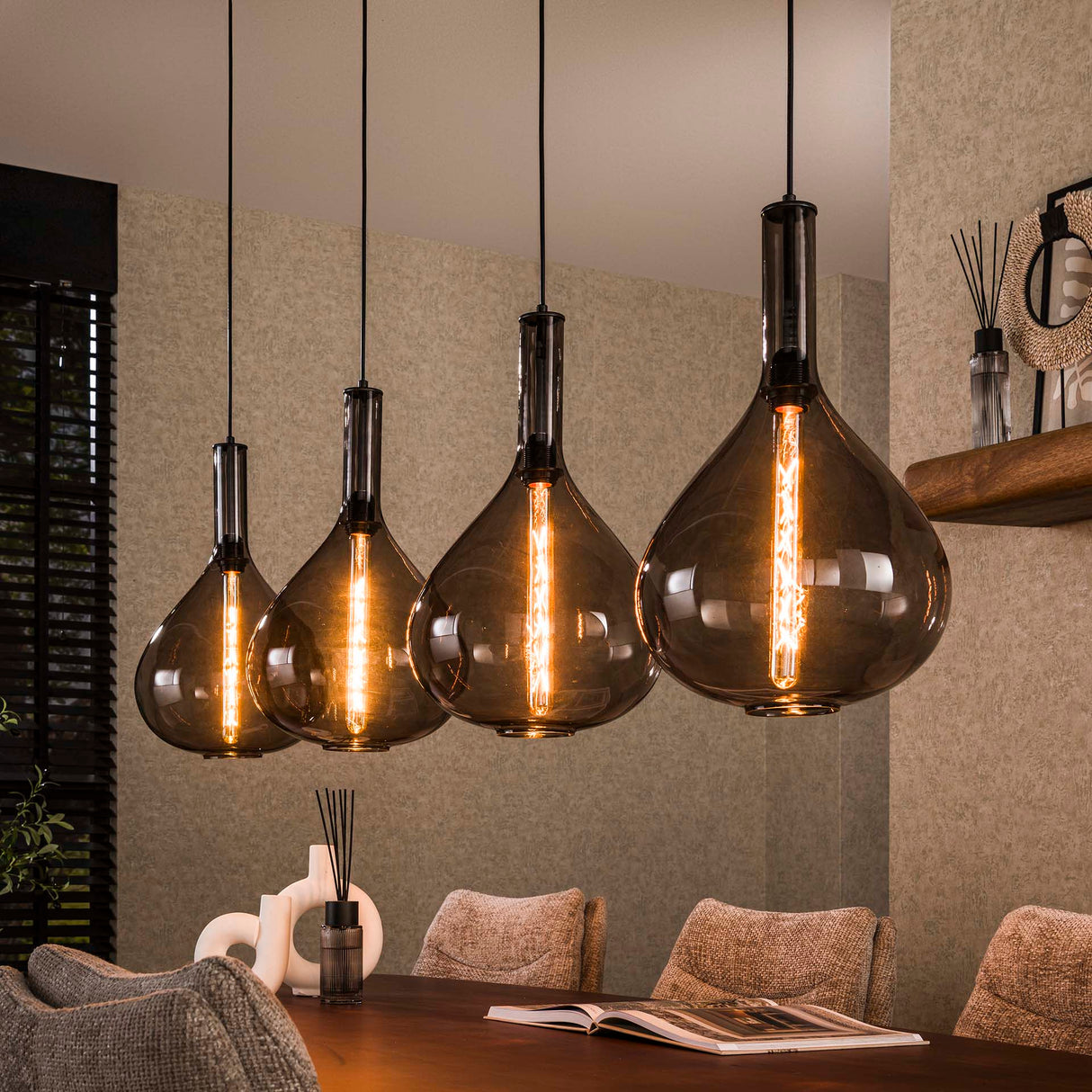 Industrielle Hängeleuchte 4-flammig Smokey Glas Karen