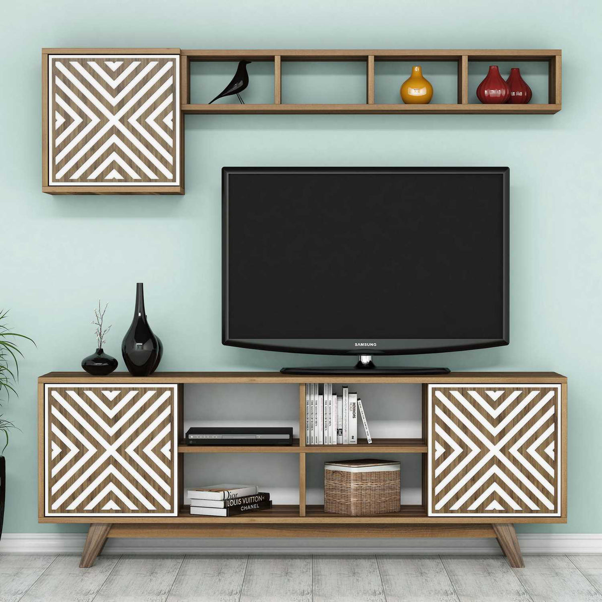 TV -Möbel Set Inci Walnuss weißes Melamin 160x56.2x35 cm