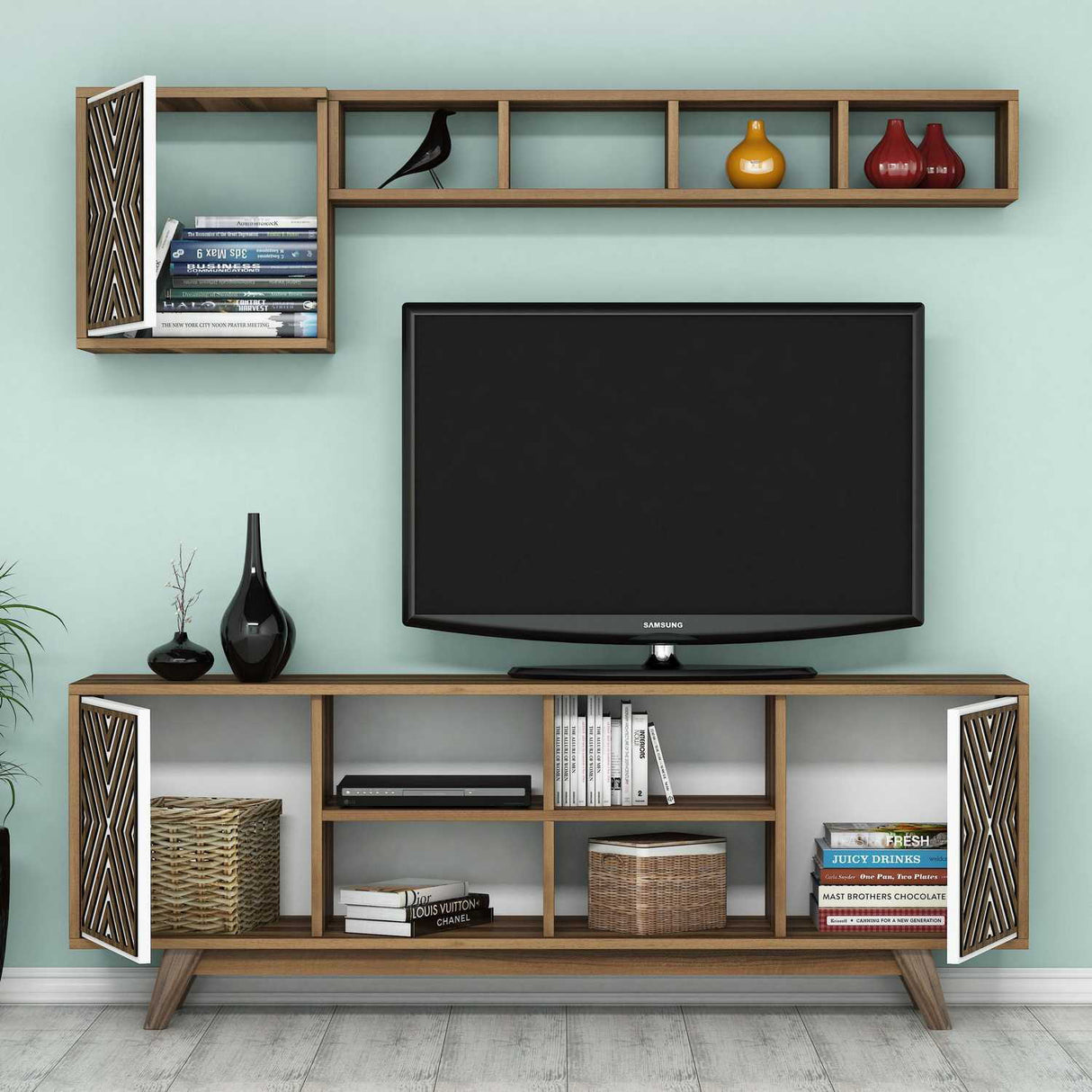 TV -Möbel Set Inci Walnuss weißes Melamin 160x56.2x35 cm