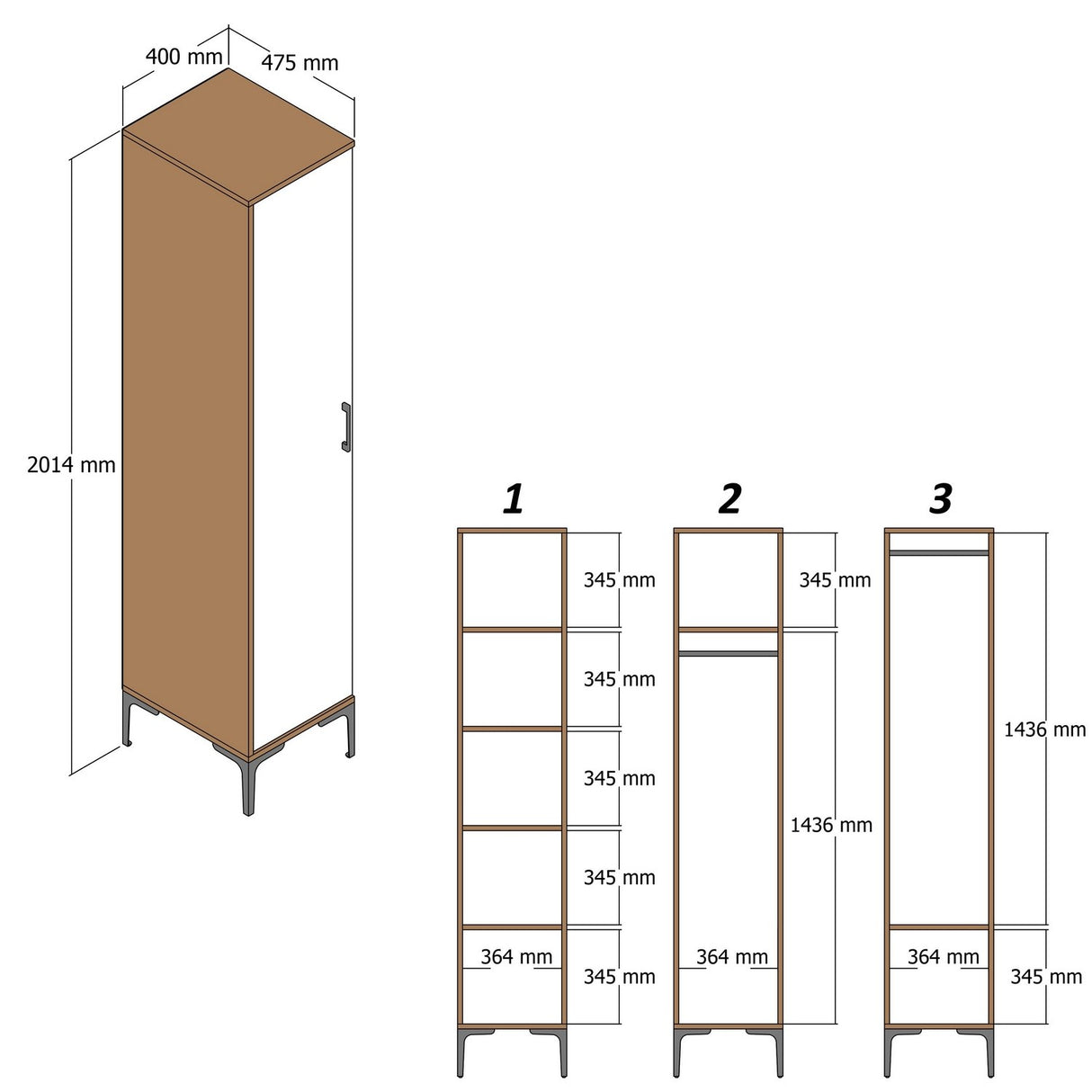 Kleiderschrank Kumual P Walnuss Anthrazit Melamin 40x47.5x201.4 cm