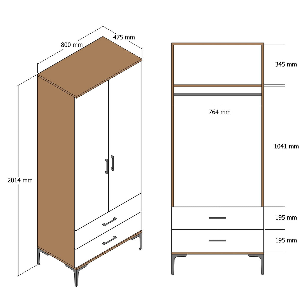 Kleiderschrank Kumsal T Walnuss Anthrazit Melamin 80x47.5x201.4 cm