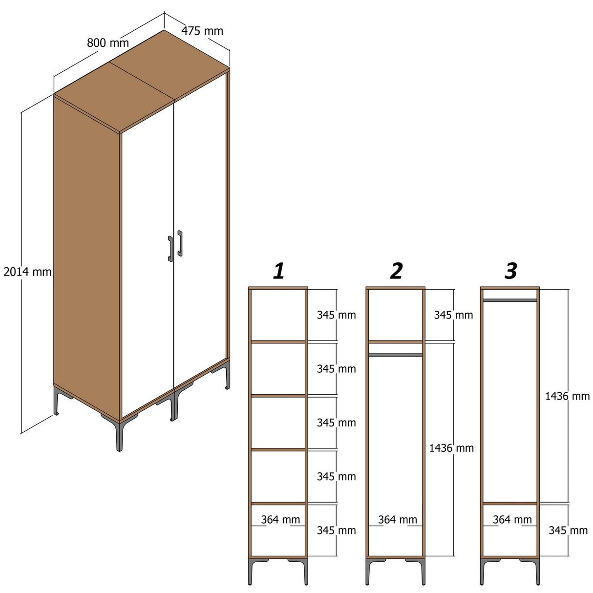 Kleiderschrank Kumsal PR Walnuss Anthrazit Melamin 80x47.5x201.4 cm