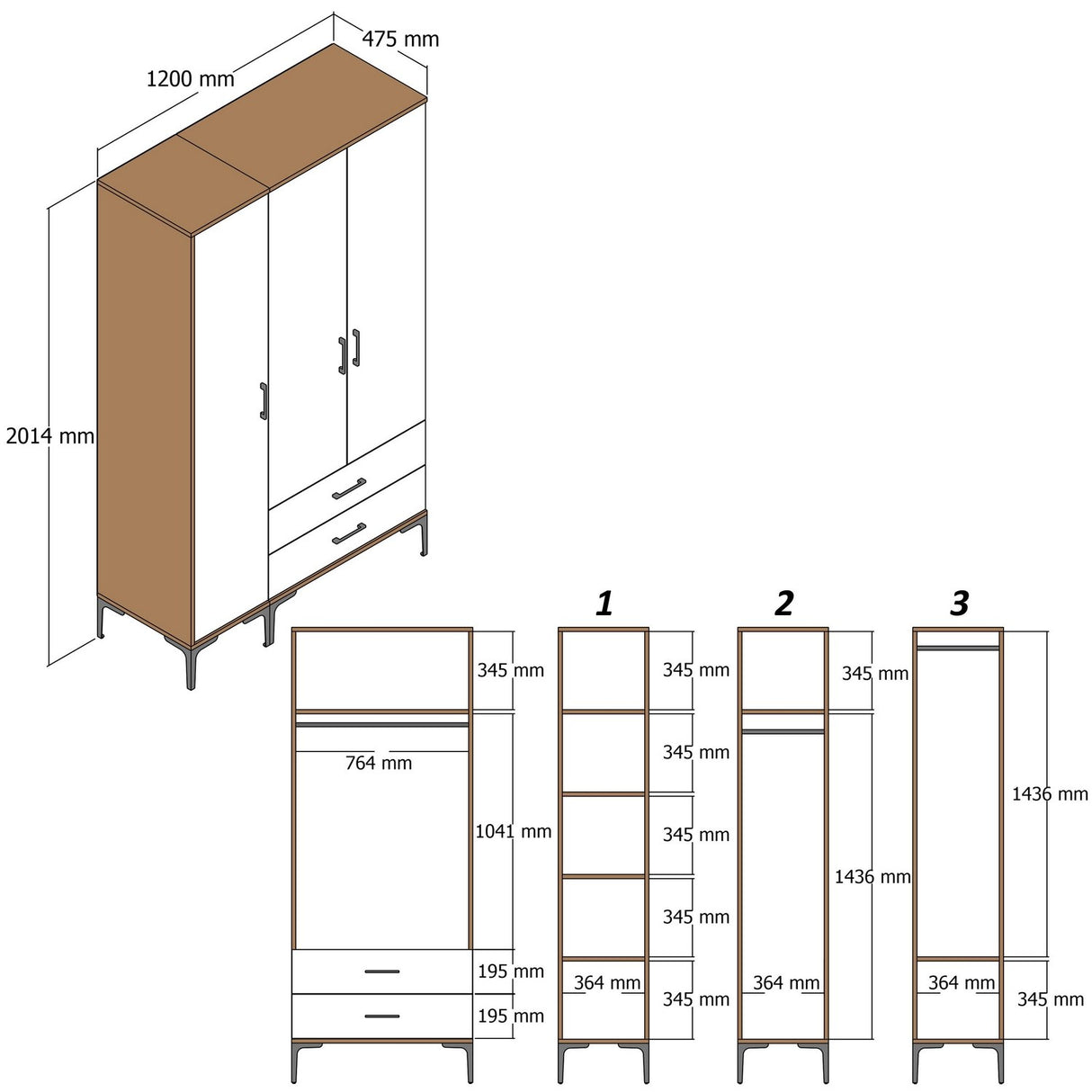 Kleiderschrank Kumual Pt Walnuss Anthrazit Melamin 120x47.5x201.4 cm