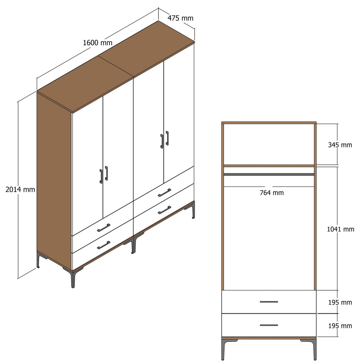 Kleiderschrank Kumsal TT Walnuss Anthrazit Melamin 160x47.5x201.4 cm