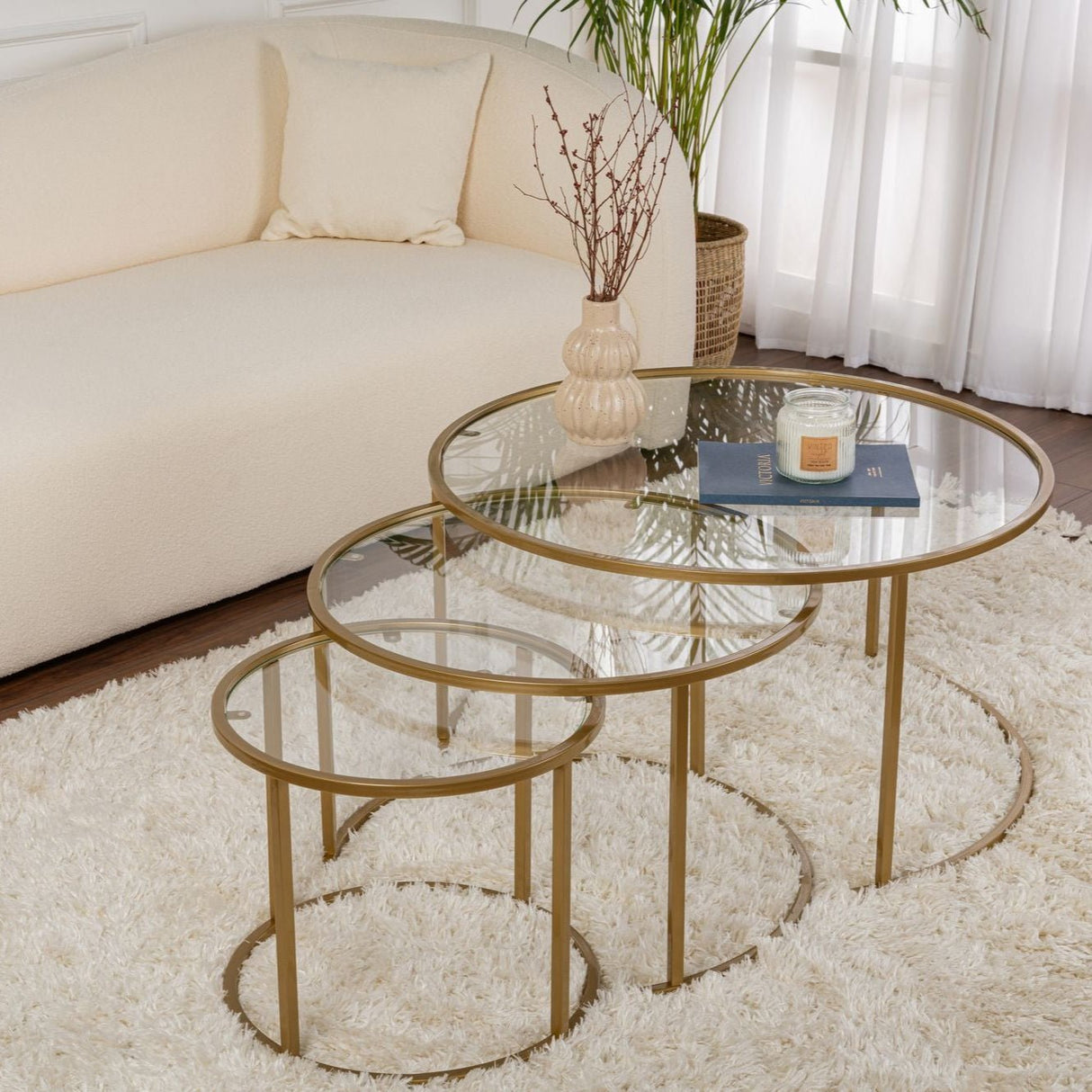 Moderne Runde Couchtisch-Set aus 3 Uru Gold - Transparentes Glas - 80/60/42 cm 