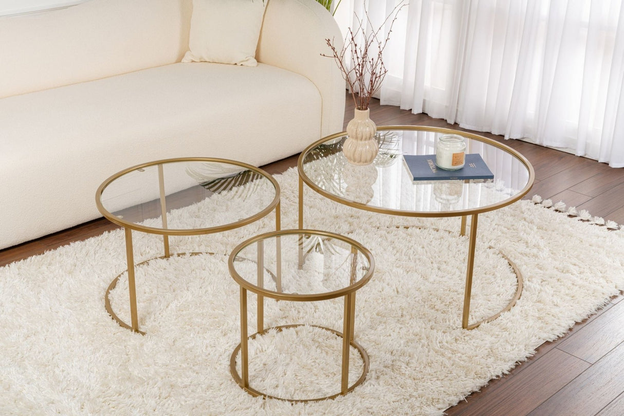Moderne Runde Couchtisch-Set aus 3 Uru Gold - Transparentes Glas - 80/60/42 cm 