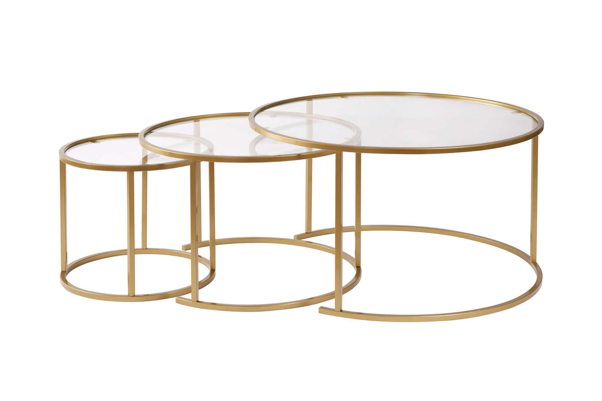 Moderne Runde Couchtisch-Set aus 3 Uru Gold - Transparentes Glas - 80/60/42 cm 