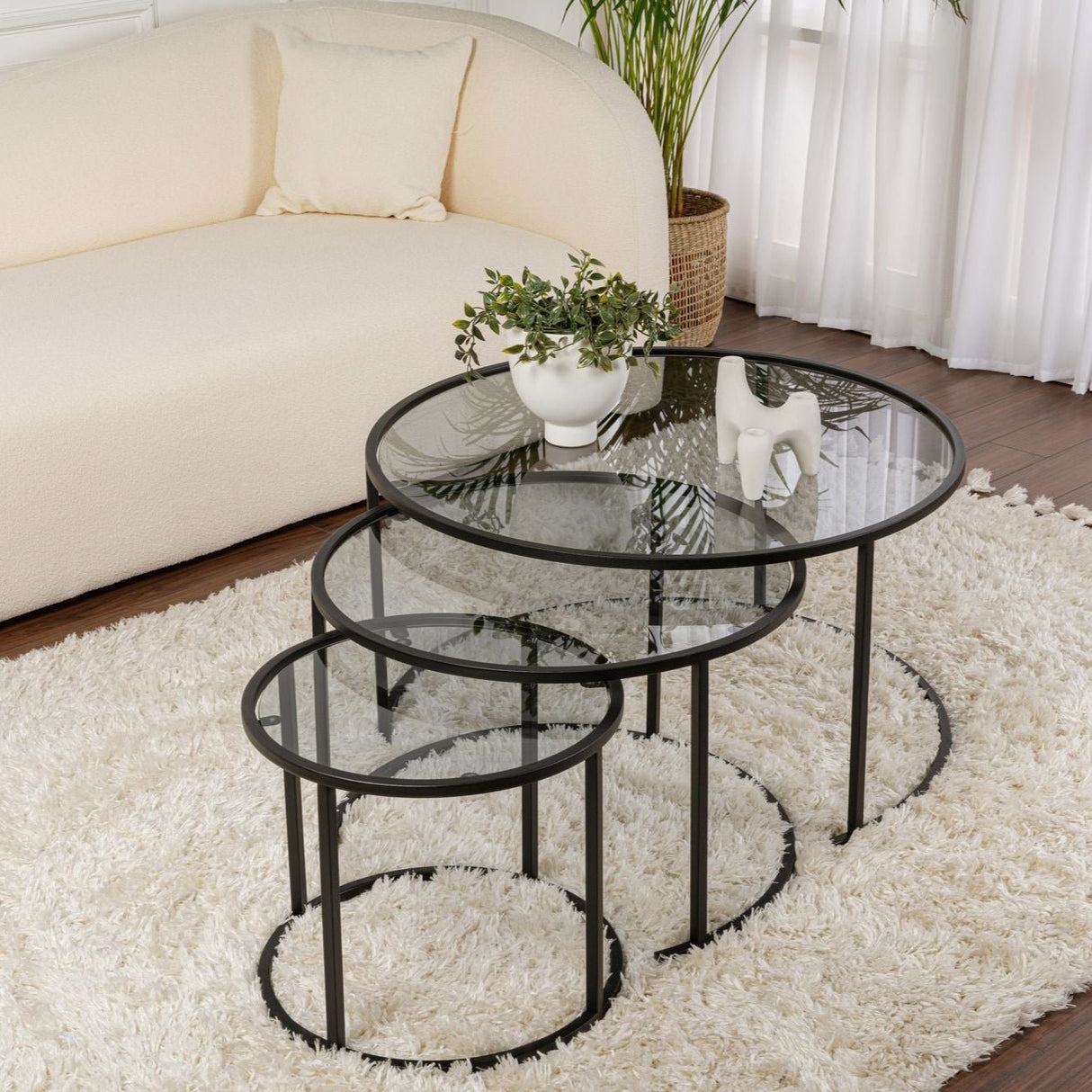 Moderne Couchtisch Set von 3 Uru Schwarz - Graues Glas - 80/60/42 cm 