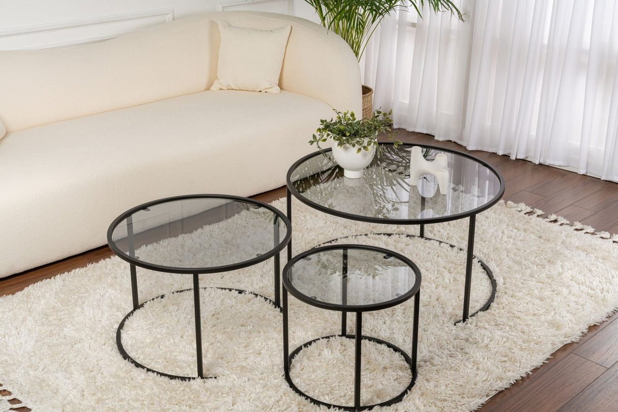Moderne Couchtisch Set von 3 Uru Schwarz - Graues Glas - 80/60/42 cm 