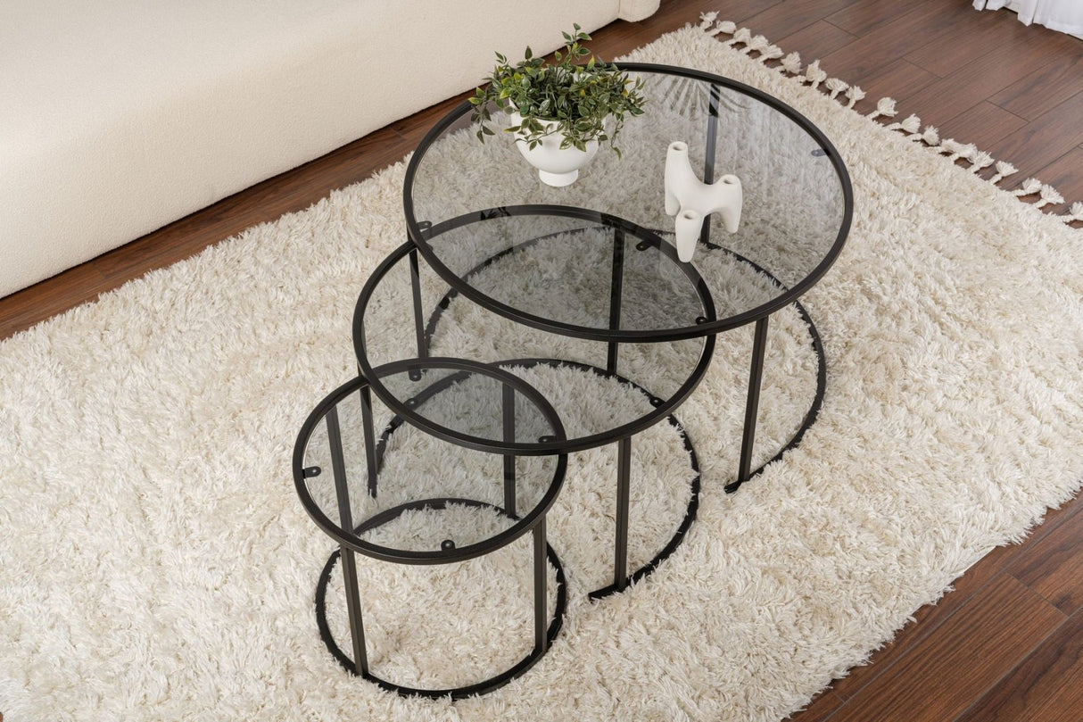 Moderne Couchtisch Set von 3 Uru Schwarz - Graues Glas - 80/60/42 cm 