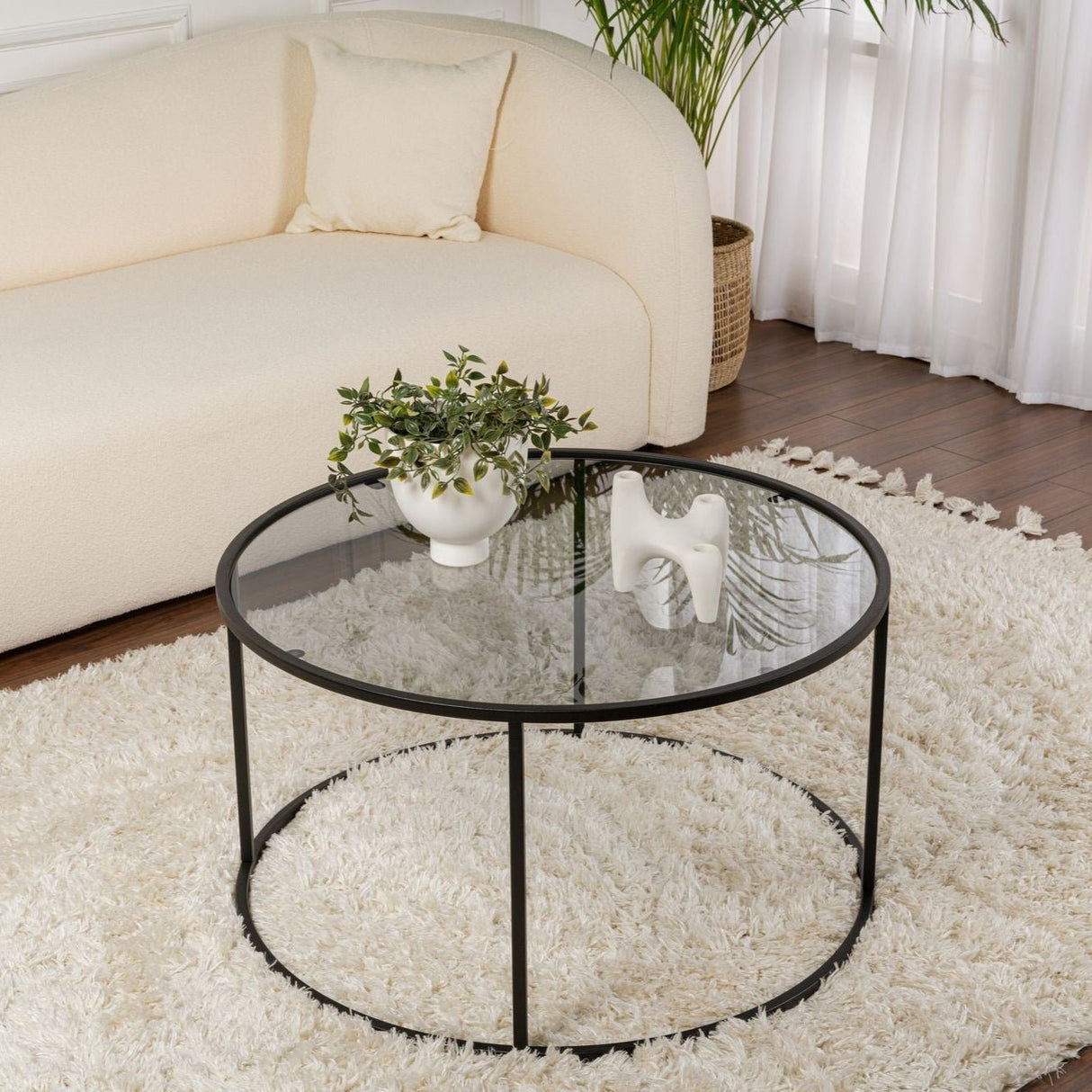 Moderner Runder Couchtisch Uru Schwarz - Graues Glas - 80 cm 