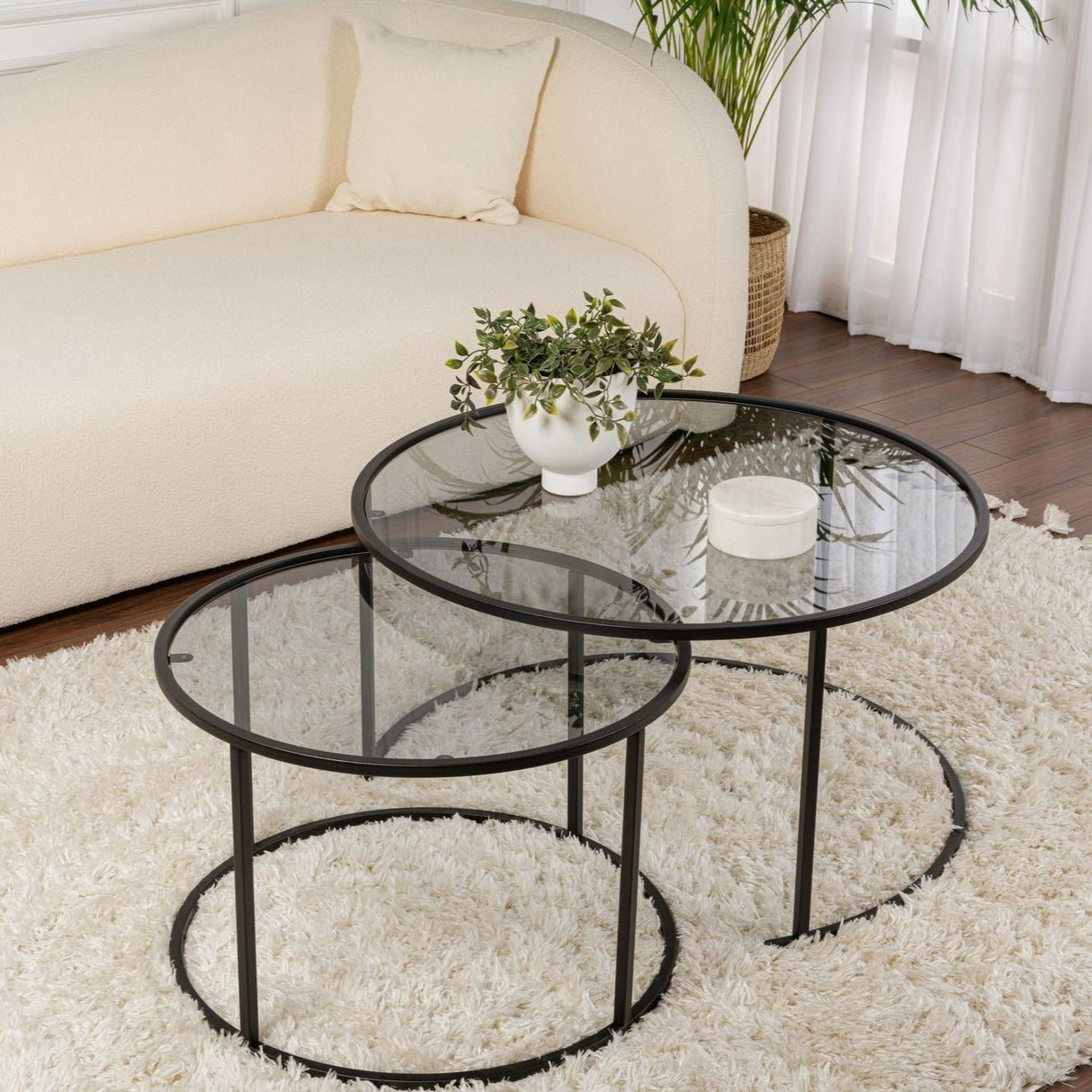 Moderne runde Couchtisch-Set aus 2 Uru Schwarz - Graues Glas - 80/60 cm 