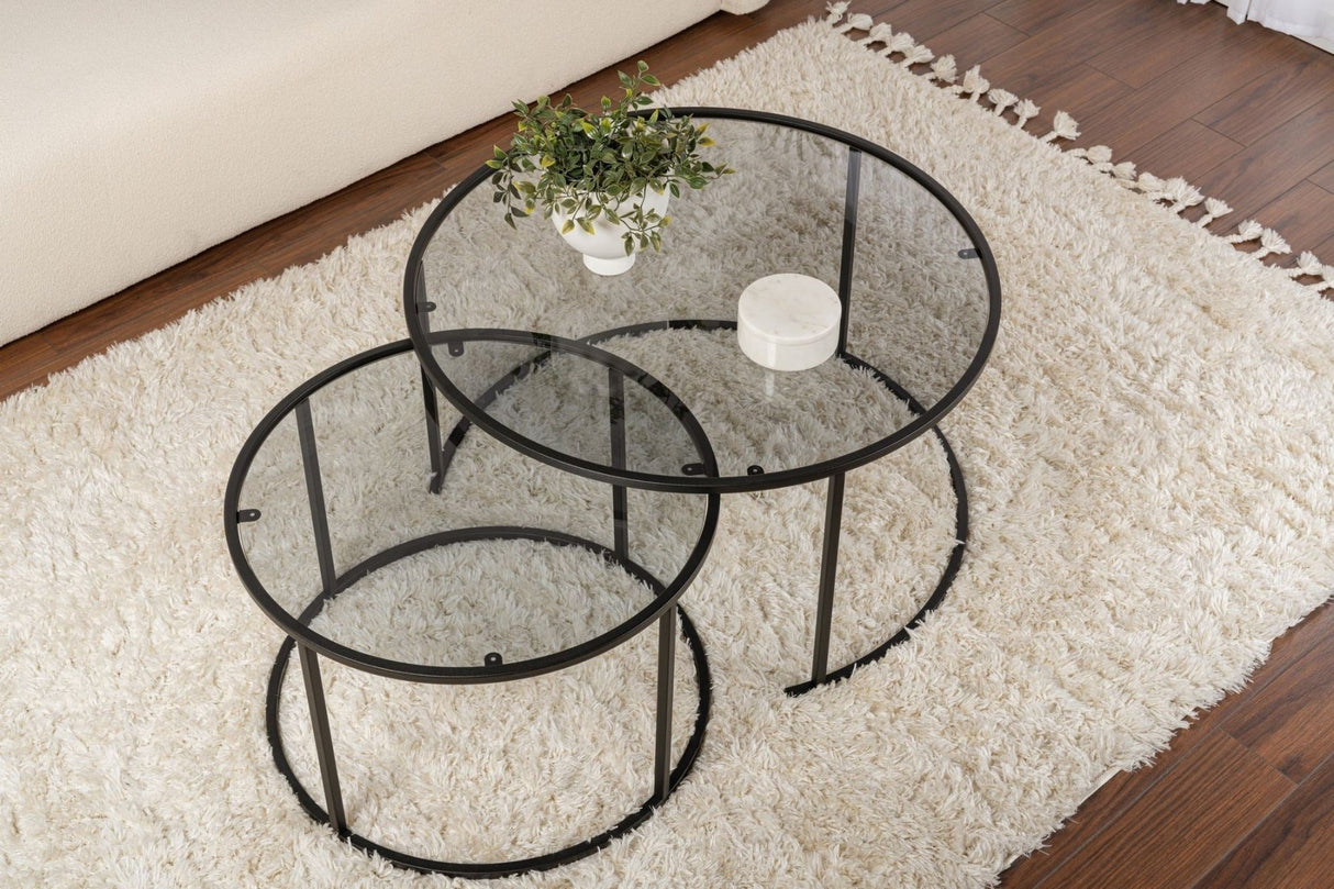 Moderne runde Couchtisch-Set aus 2 Uru Schwarz - Graues Glas - 80/60 cm 
