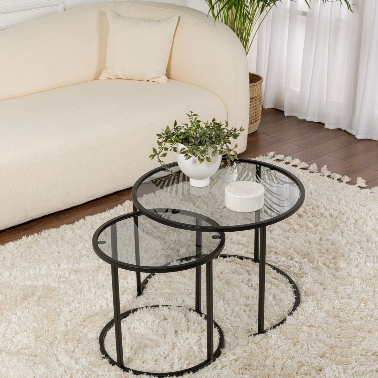 Moderne runde Couchtisch-Set aus 2 Uru Schwarz - Graues Glas - 60/42 cm 