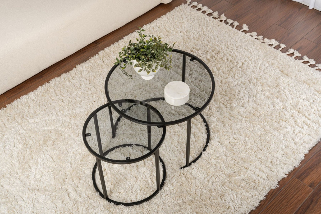 Moderne runde Couchtisch-Set aus 2 Uru Schwarz - Graues Glas - 60/42 cm 